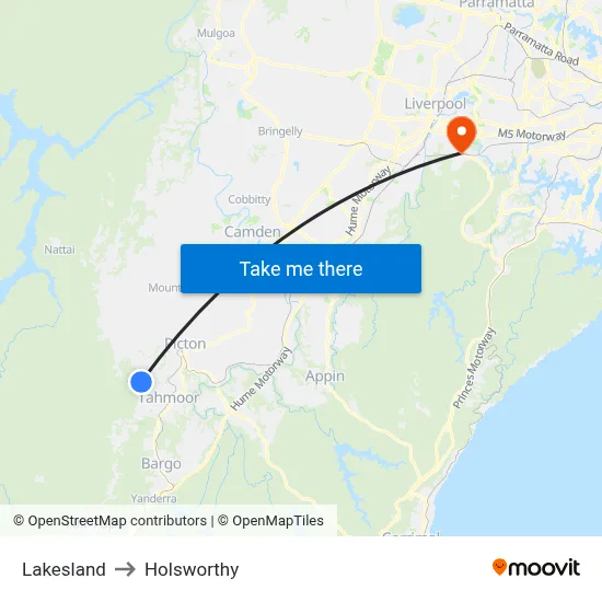 Lakesland to Holsworthy map