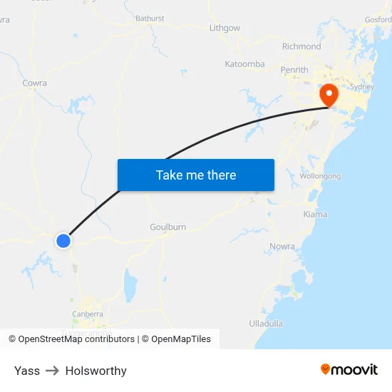 Yass to Holsworthy map