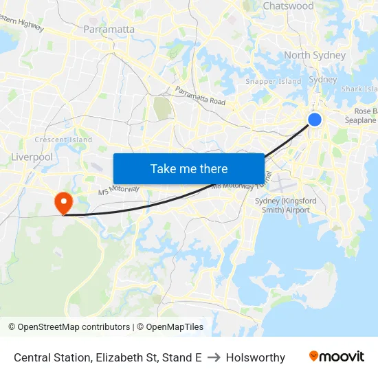 Central Station, Elizabeth St, Stand E to Holsworthy map
