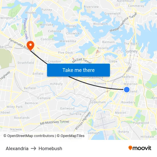 Alexandria to Homebush map
