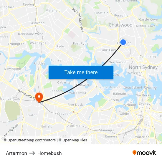 Artarmon to Homebush map