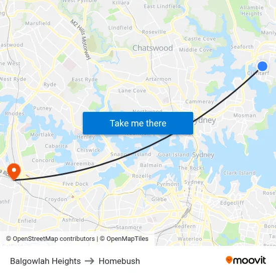 Balgowlah Heights to Homebush map