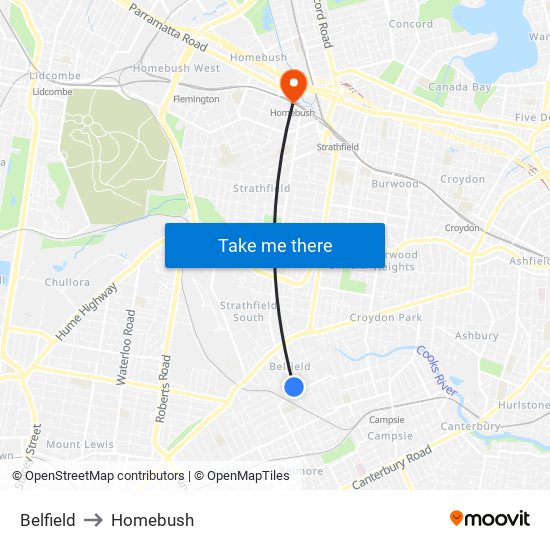 Belfield to Homebush map