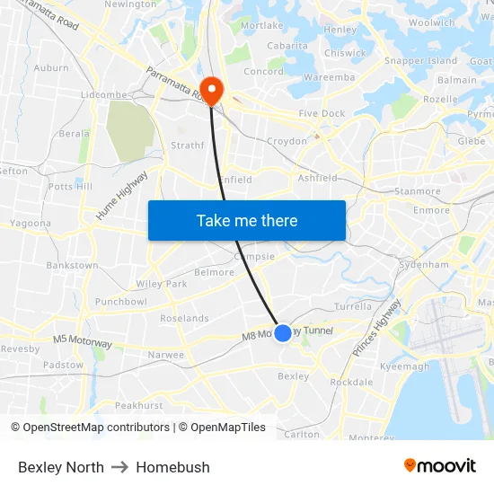 Bexley North to Homebush map