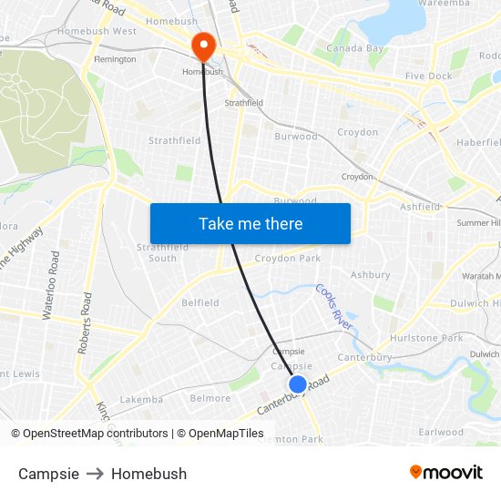 Campsie to Homebush map