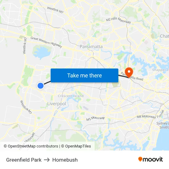 Greenfield Park to Homebush map
