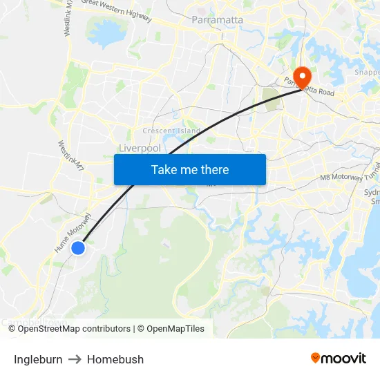 Ingleburn to Homebush map