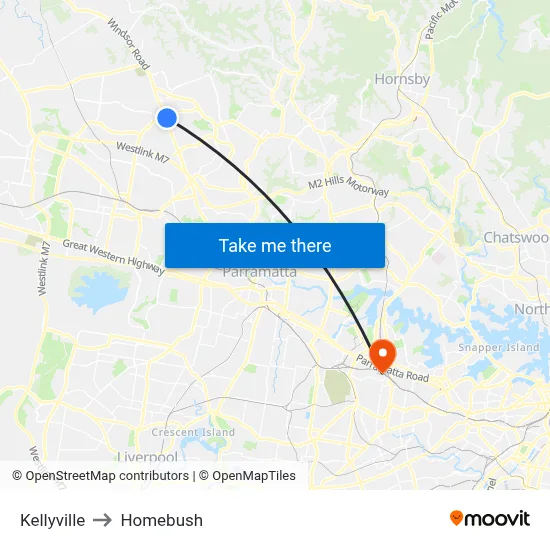 Kellyville to Homebush map