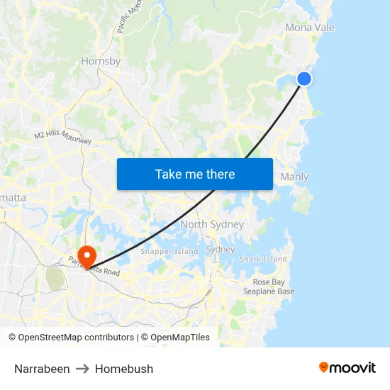 Narrabeen to Homebush map