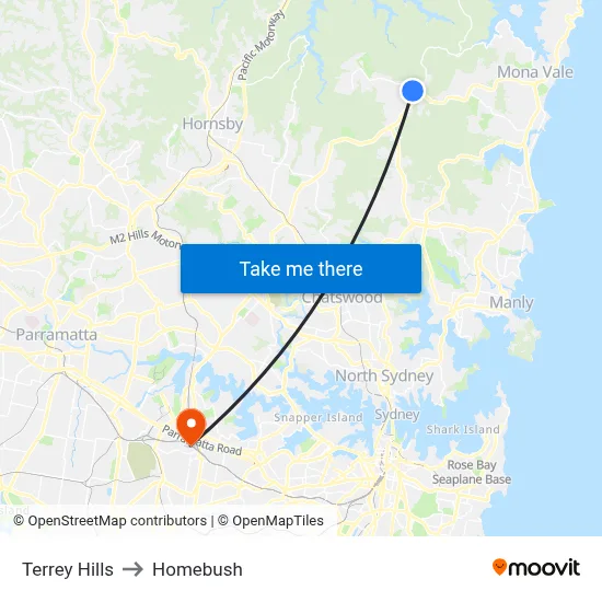 Terrey Hills to Homebush map