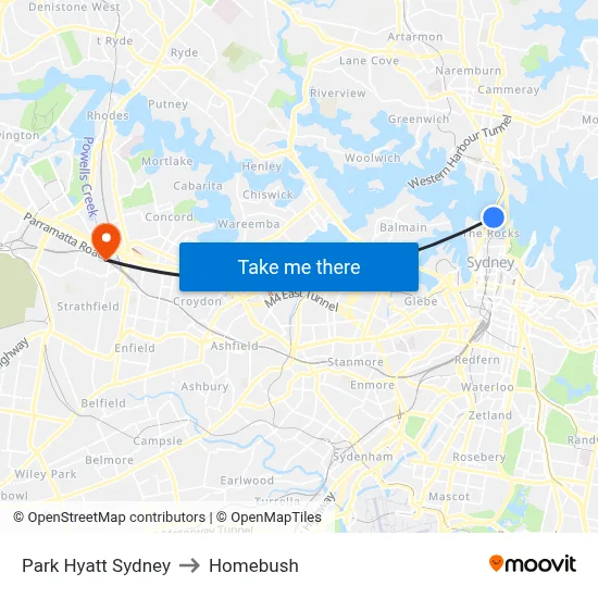 Park Hyatt Sydney to Homebush map