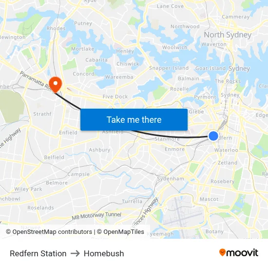 Redfern Station to Homebush map