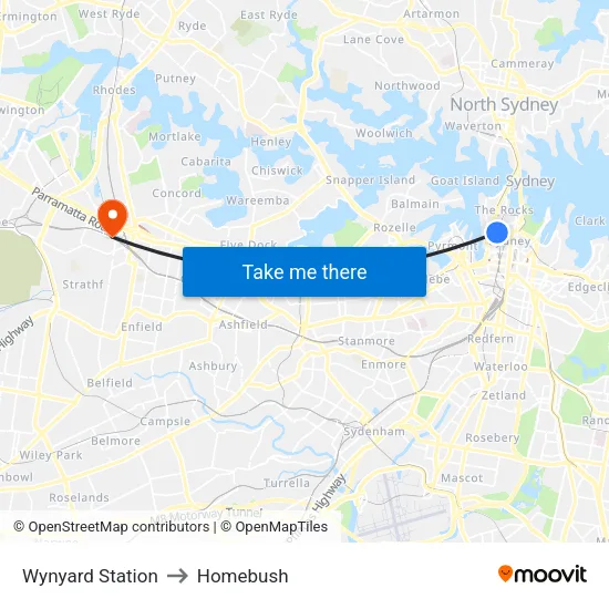 Wynyard Station to Homebush map