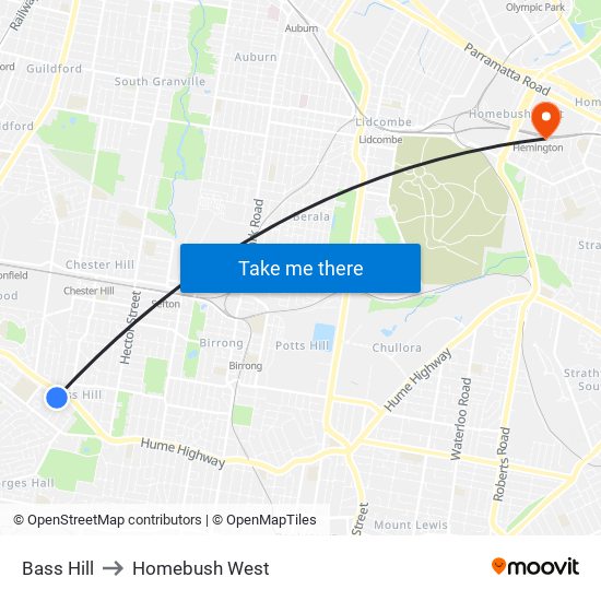 Bass Hill to Homebush West map