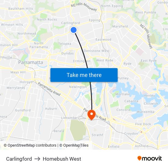 Carlingford to Homebush West map