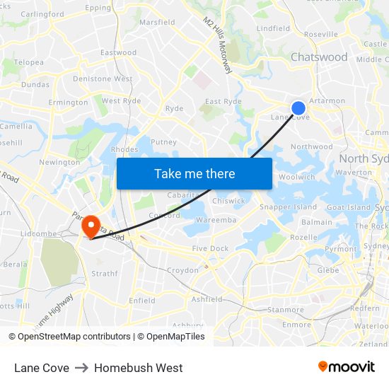 Lane Cove to Homebush West map