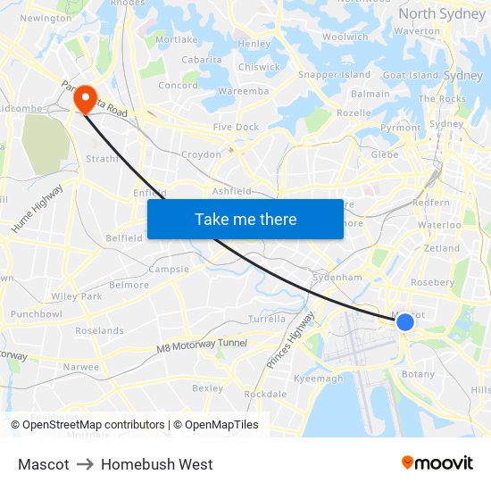 Mascot to Homebush West map