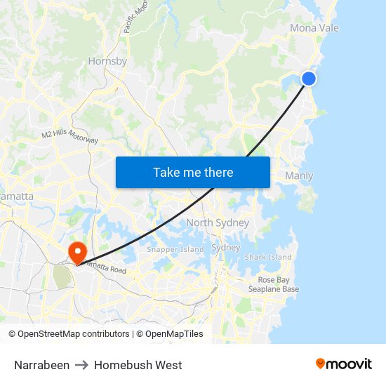 Narrabeen to Homebush West map