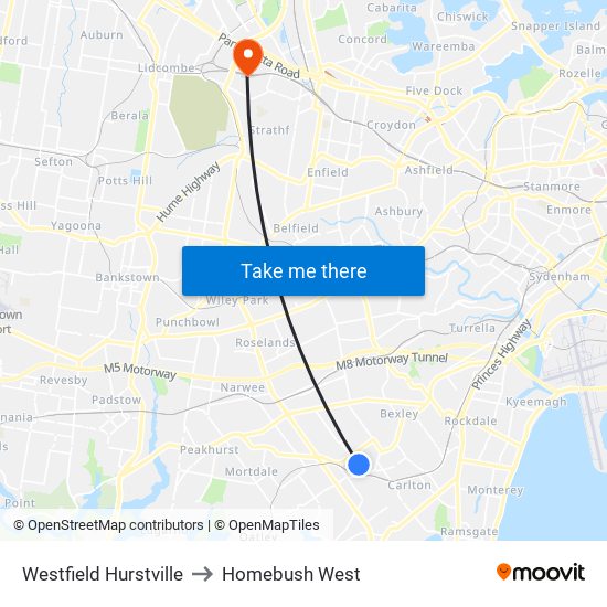 Westfield Hurstville to Homebush West map