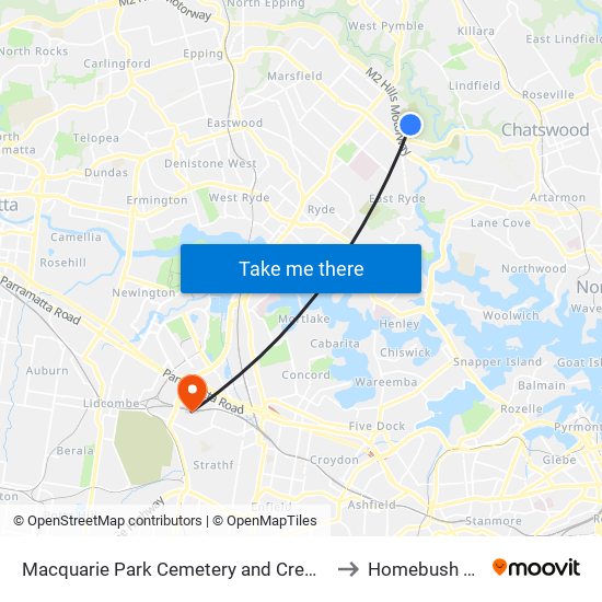 Macquarie Park Cemetery and Crematorium to Homebush West map