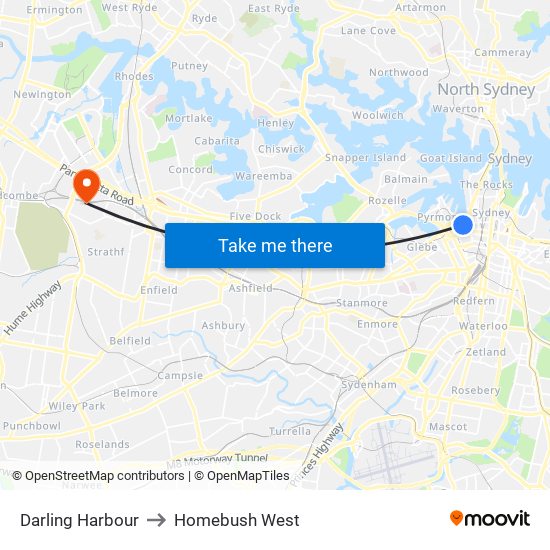Darling Harbour to Homebush West map