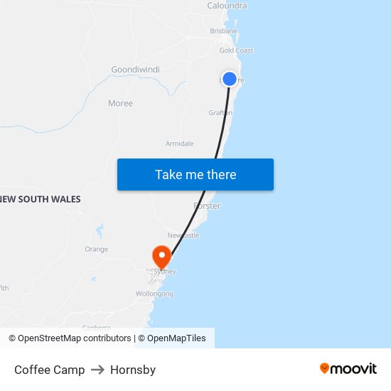 Coffee Camp to Hornsby map