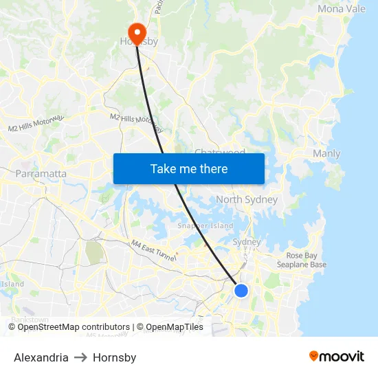 Alexandria to Hornsby map