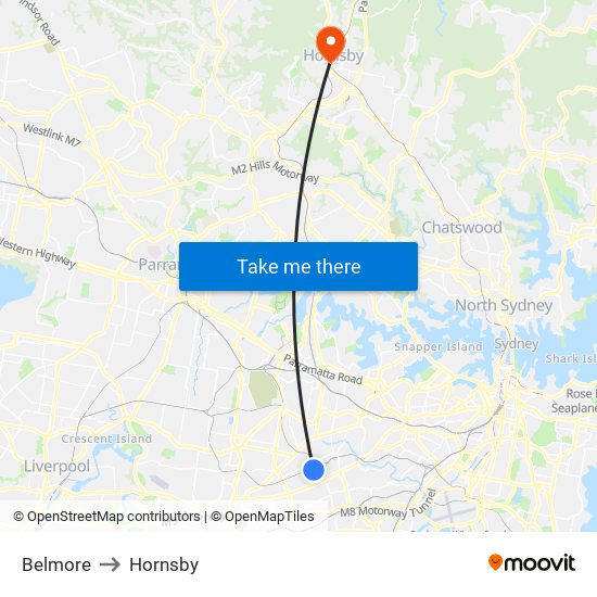 Belmore to Hornsby map