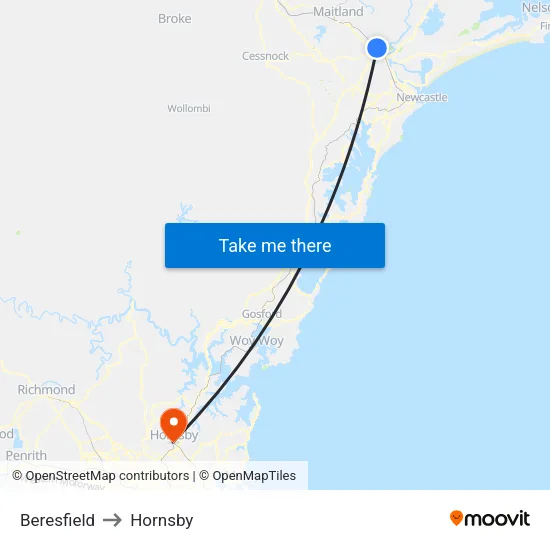 Beresfield to Hornsby map