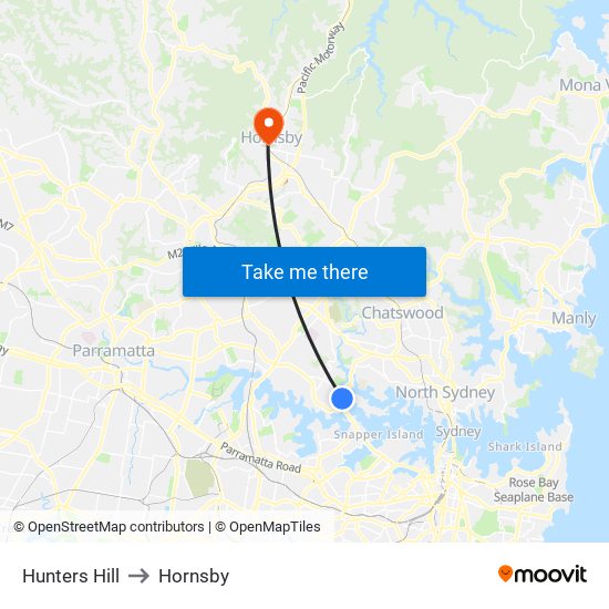 Hunters Hill to Hornsby map