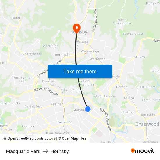 Macquarie Park to Hornsby map