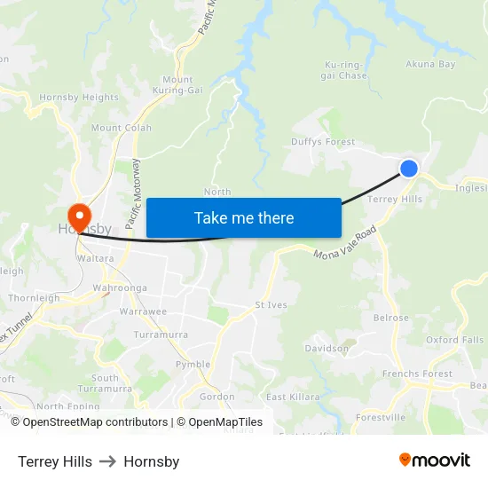 Terrey Hills to Hornsby map
