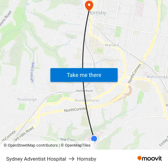 Sydney Adventist Hospital to Hornsby map