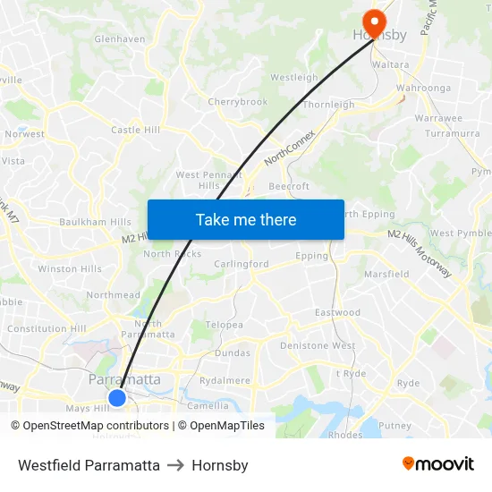 Westfield Parramatta to Hornsby map