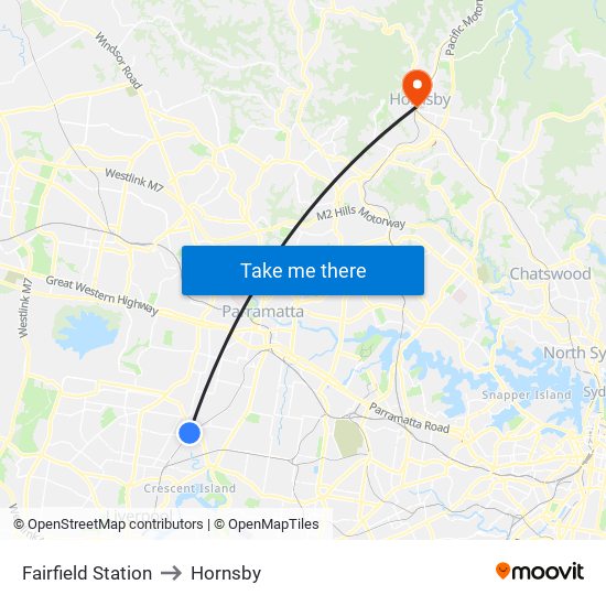 Fairfield Station to Hornsby map