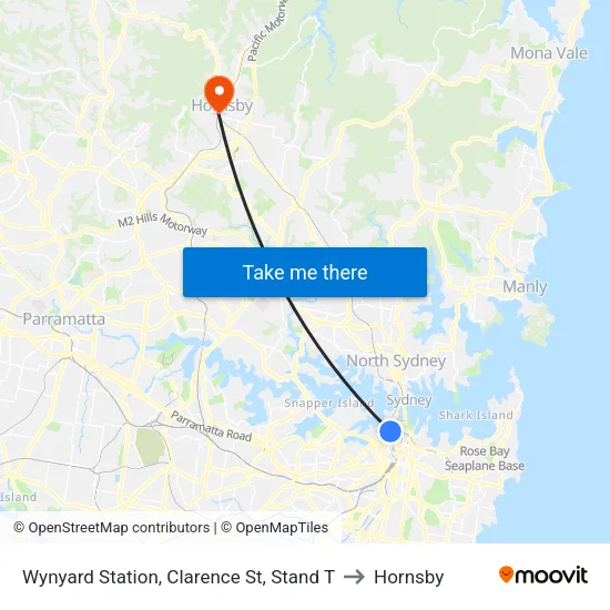Wynyard Station, Clarence St, Stand T to Hornsby map