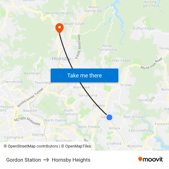 Gordon Station to Hornsby Heights map