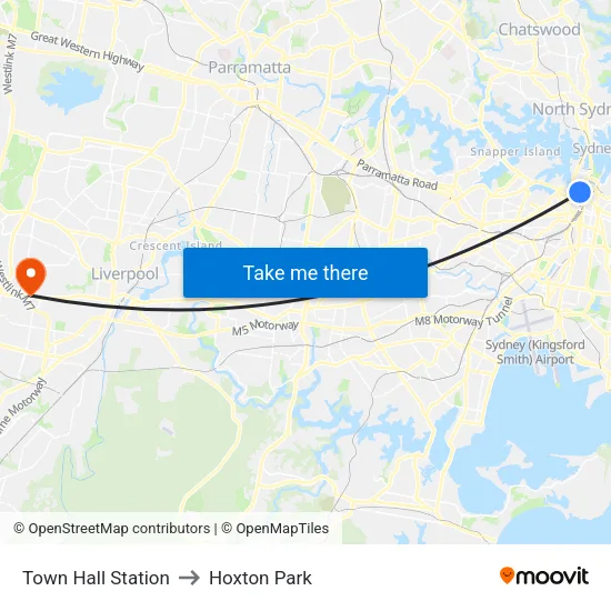 Town Hall Station to Hoxton Park map