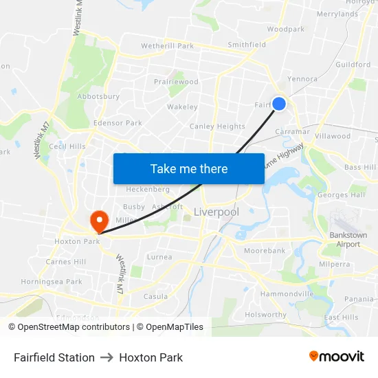 Fairfield Station to Hoxton Park map