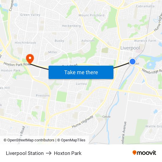 Liverpool Station to Hoxton Park map