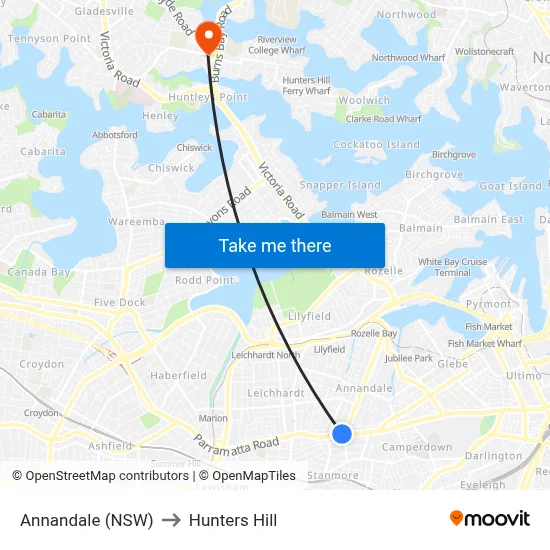 Annandale (NSW) to Hunters Hill map
