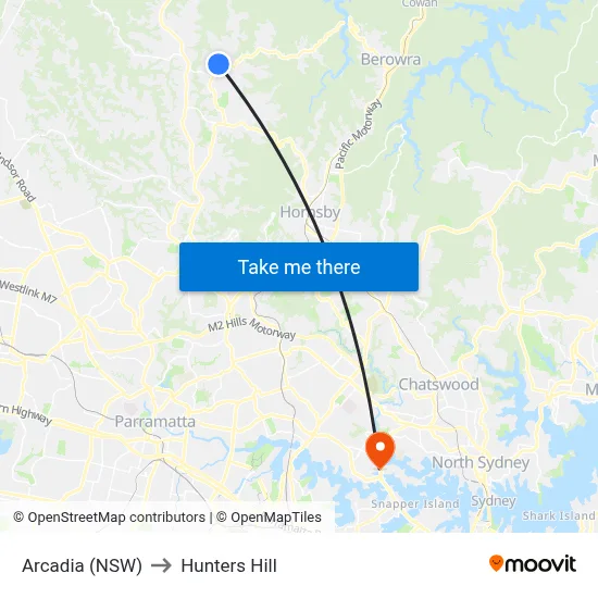 Arcadia (NSW) to Hunters Hill map