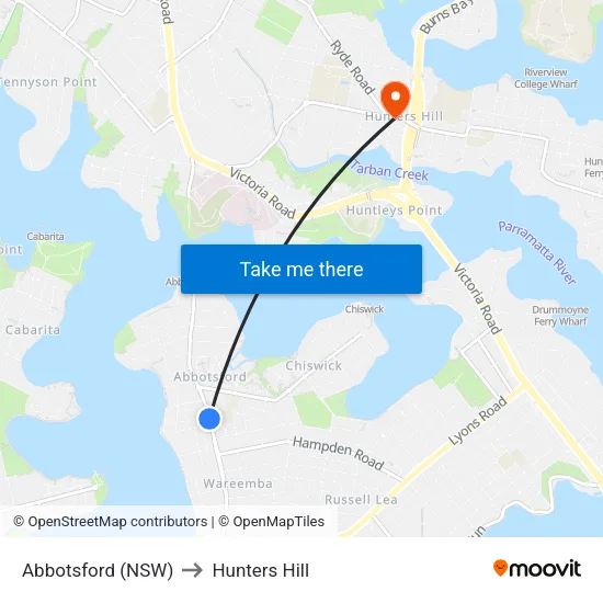 Abbotsford (NSW) to Hunters Hill map