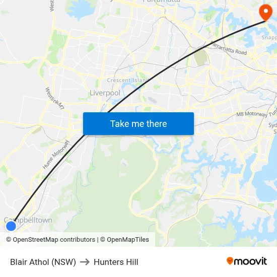 Blair Athol (NSW) to Hunters Hill map