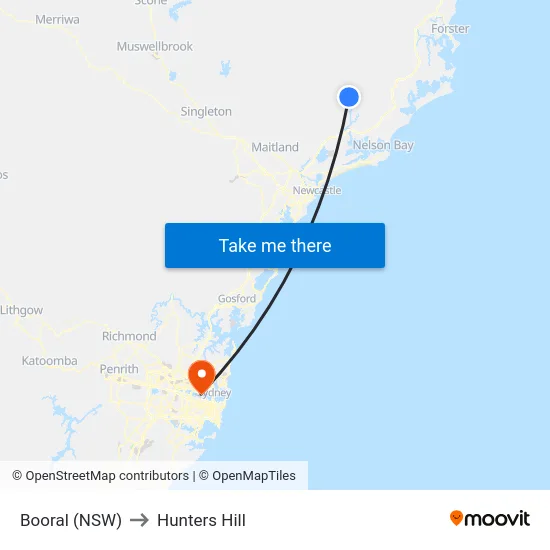 Booral (NSW) to Hunters Hill map