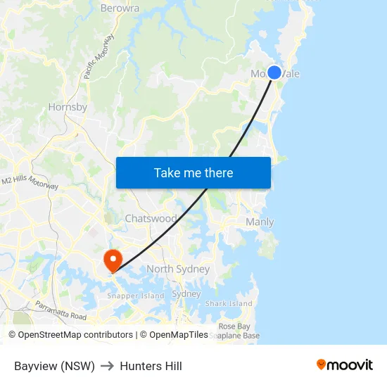 Bayview (NSW) to Hunters Hill map