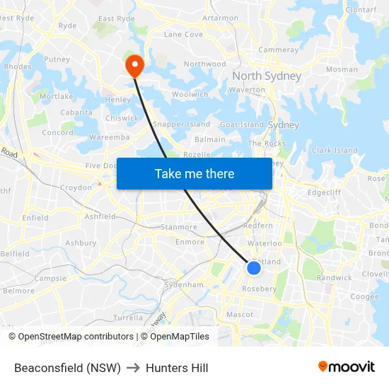 Beaconsfield (NSW) to Hunters Hill map