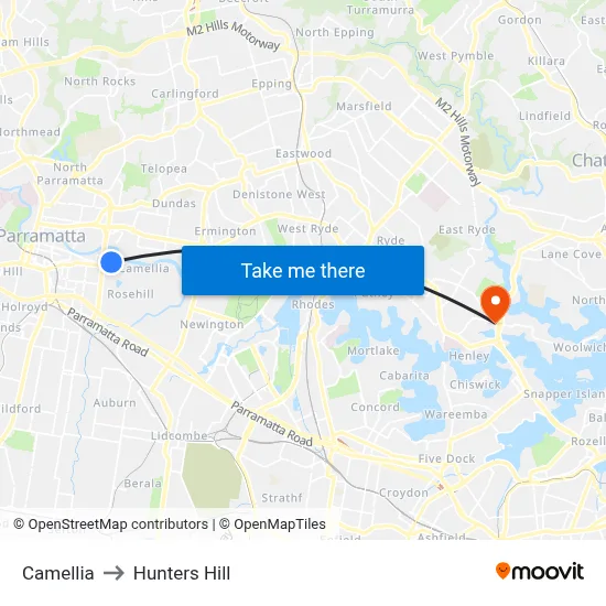 Camellia to Hunters Hill map