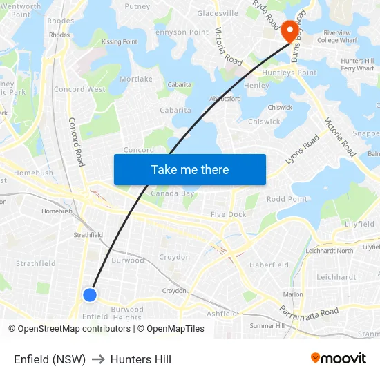 Enfield (NSW) to Hunters Hill map