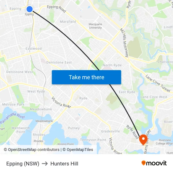 Epping (NSW) to Hunters Hill map